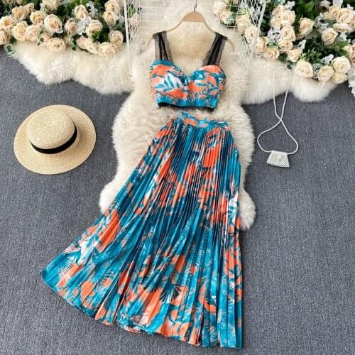 Summer Women Two Piece Set Boho Beach Holiday Dress Sets Ladies Print Sexy Crop Top and Pleated Skirt Elegant Women 2 Piece Sets