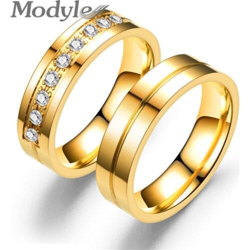 Modyle Gold color Stainless Steel Wedding Bands Shiny Crystal Ring for Female Male Jewelry 6mm Engagement Ring