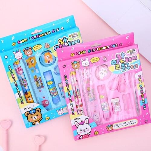 10 Pcs Stationery Set Gift Box Pencil Ruler Eraser Scissors Set Cartoon Bunny School Supplies Kawaii Gift Set