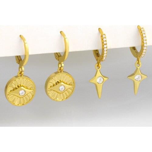 Small Round Evil Eye Earrings For Women Gold Star Drop Earrings Dangle CZ Zirconia Polished Huggie Turkish Jewelry Gifts ersv06
