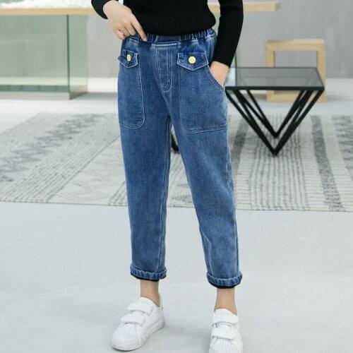 2020 Girls' Winter New Girls' Jeans Medium and Large Girls Stretch-Fit Pants Childrens Single-Layer Fleece-Lined Trousers