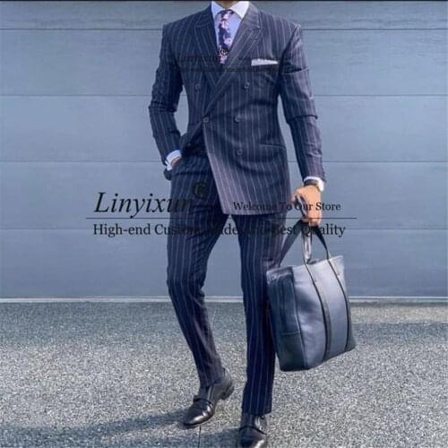 Navy Blue Pinstripe Double Breasted Business Formal Men Suit Slim Fit Men Blazer Casual Coat Jacket Tuxedo Suit with Pants