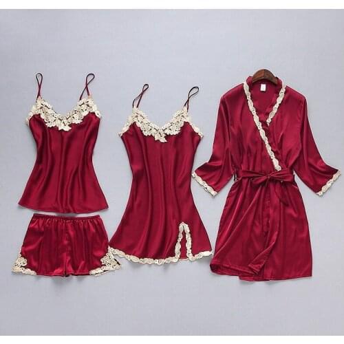 4-Piece Sexy Robe Kimono Short Nightgown Summer Pajamas Strap Worn In All Seasons Elegant Women Satin Robe Silk Robes for Women