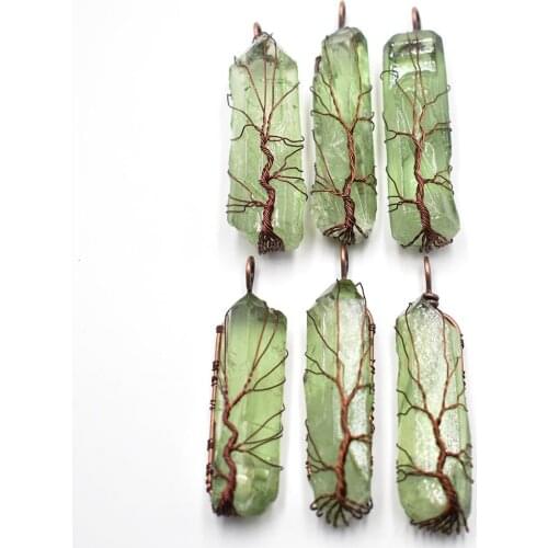 Natural green fluorite Pillar Pendants Handmade Antique Copper Wire Wrapped Tree of Life Wholesale 6Pcs/Lot for Necklace Jewelry
