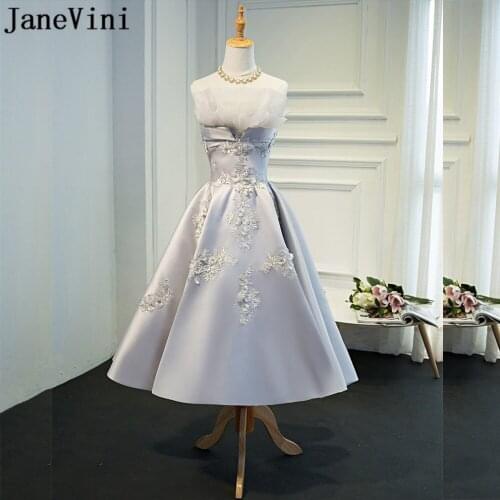 JaneVini Sexy Tea-Length Strapless Mother Of The Bride Dresses With Lace Appliques Satin Gothic Godmother Wedding Party Dresses