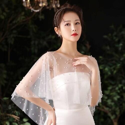 Faux Pearls Beading Shawl Wrap Shrug Bridal Soft Sheer Sunscreen Capes Wedding Dress Flapper Bolero Womens Cover Up