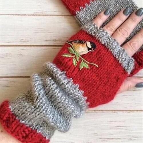 Cute Embroidery Birds Gloves Fingerless Cotton Wool Glove for Women Knitted Mittens Girls Winter Gloves Without Fingers