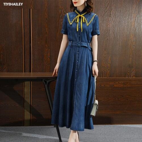 TIYIHAILEY 2021 Free Shipping Vintage Women Long Maxi Summer Denim S-XL Single-Breasted Short Sleeve Dress With Belt Bandage
