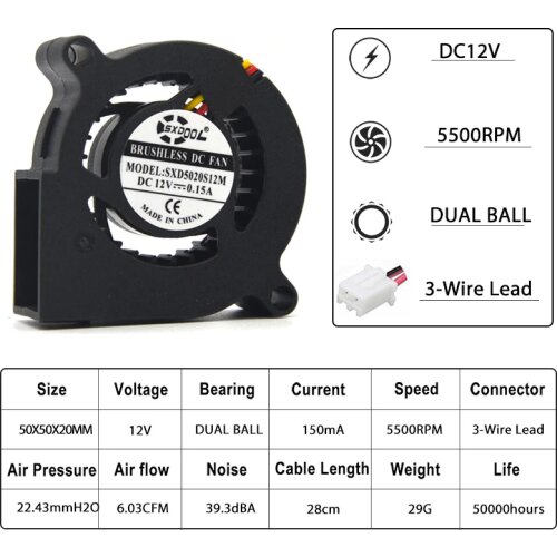1pcs new blower Dual Ball 50mm 5020 50*50*20 12V 5500RPM Cooling Fan 2PIN 5CM For 3D Printer Cooling Turbine Blower Fan Coole