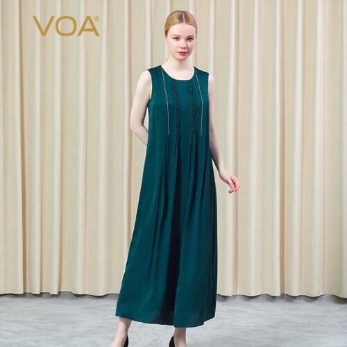VOA Silk Jacquard Olive Green Round Neck Sleeveless Solid Geometric Figure Fold Refreshing Mature Woman Loose Dress Summer AE895