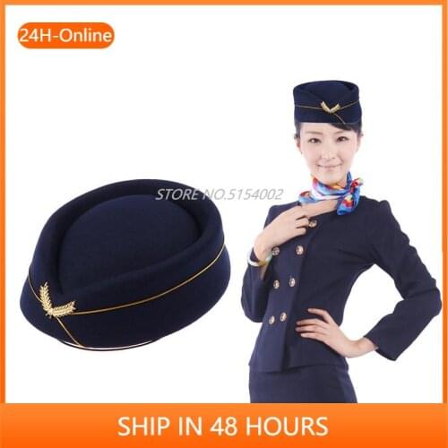 Women Air Stewardess Hat Woolen Flight Attendant Hat Stewardess Cap for Costume Cosplay Musical Performance - Size M(Navy Blue)