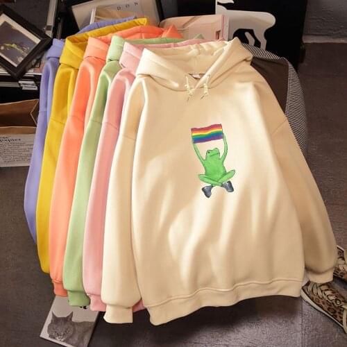 Harajuku Hoodies Women Creative Rainbow Frog Printed Oversized Hoodie Hooded Sweatshirt Womens Clothing Tops Streetwear Jacket
