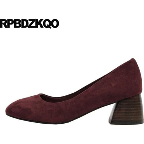 Block 2021 Brown Medium Heels Nude Ladies Mid Shoes Square Toe Cheap Slip On Wine Red Size 4 34 Chunky Women Pumps Suede Thick
