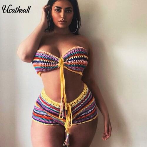 Colors Beach Crochet Tassel Striped Sexy Two Piece Shorts Set Summer 2 Piece Knit Outfits For Women Clothing Sets