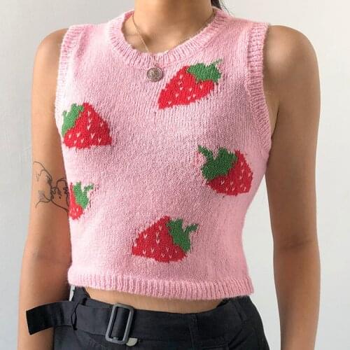 Korea Style Sweet Sleeveless Sweater Vest Women Jumper Strawberry Knitted Crop Top Lady Streetwear O-Neck Pullover Top Vest
