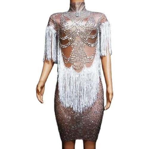 Fashion Women Sparkly Diamonds Dresses White Tassel Backless Dress Nightclub Dance DS Show Stage Wear Singer Performance Costume
