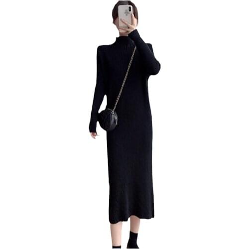 WSYORE Women Long Sweater Dress Autumn and Winter Black Bottoming Knitted Dress Female Slim Turtleneck Long Sleeve Dress NS2883