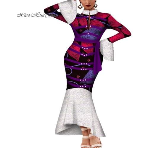 2019 Dashiki Womens Dress Cotton Print and White Lace Patchwork Traditional African Clothing Fishtail Clothing for Women WY4763