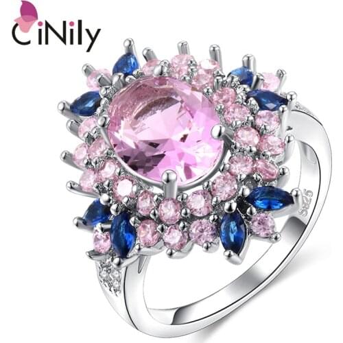 CiNily Created Pink Blue Stone Zirconia Silver Plated Wholesale Hot Sale for Women Jewelry Wedding Gift Ring Size 6-9 NJ72