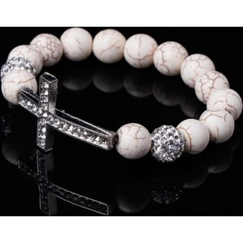 32CE Beading Bracelet White Stone Rhinestone Bangle Elastic Natural Stones Beads Charms Men Women Jewelry Cross Pendant Party
