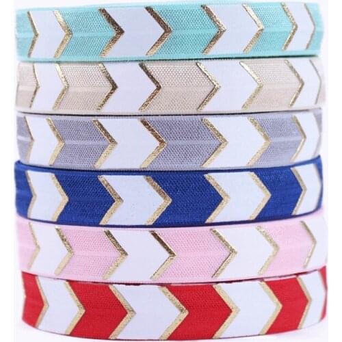 7colors,50 Yard per lot 5/8"hot sell gold foil chevron printed FOE Elastic Ribbon for Hair Tie Head wear Hair Accessories