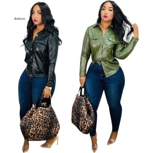 Solid Green Color Pu Leather Blouse Women Single Breasted Full Sleeve Top Shirt Autumn Winter Fashion Elegant Office Lady Blouse