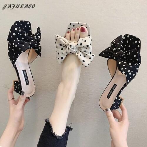 Fashion Square Heel Slippers Women Elegant Outdoor Dress Slides Summer Sweet Polka Dot Butterfly-Knot High Heels Sandals 35-40