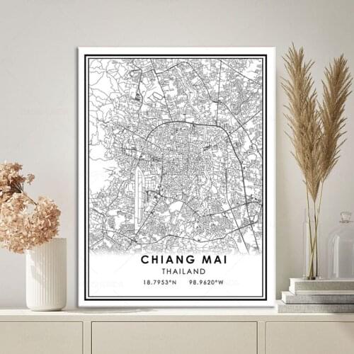 Black and white Posters CHIANG MAI map wall art canvas painting hd print for Living room Bedroom Bar Cafe Home Decoration framed