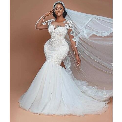 Elegant 2021 Plus Size Mermaid Wedding Dresses Bridal Gowns Sheer Neck Long Sleeve Lace Appliqued Sweep Train Robe de mariée