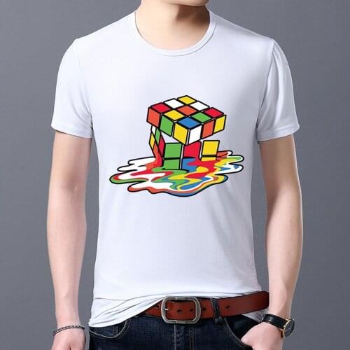 Classic Street Mens T-shirt Comfortable 3D Rotating Rubiks Cube Pattern Printing Series Casual Slim Round Neck Young Mens Top
