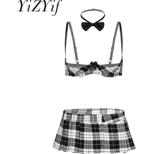 3Pcs Womens Erotic Lingerie Set Open Cup Bra Top with Mini Skirt and Bowtie School Girl Sexy Cosplay Costume Erotic Nightwear