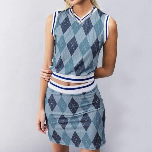 Hot Fashion Women Lattice Print Clothes Set Ladies Sleeveless V-neck Cropped Tops+High Waist Mini Skirt for Summer INS Styles