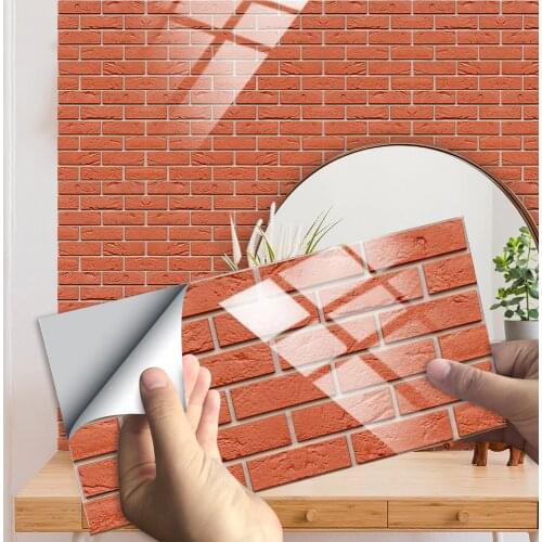 10pcs/Set Rectangle Flat Red Brick Pattern Tiles Wall Sticker Kitchen Oil-Proof Tables Home Decor Peel & Stick PVC Art Wallpaper