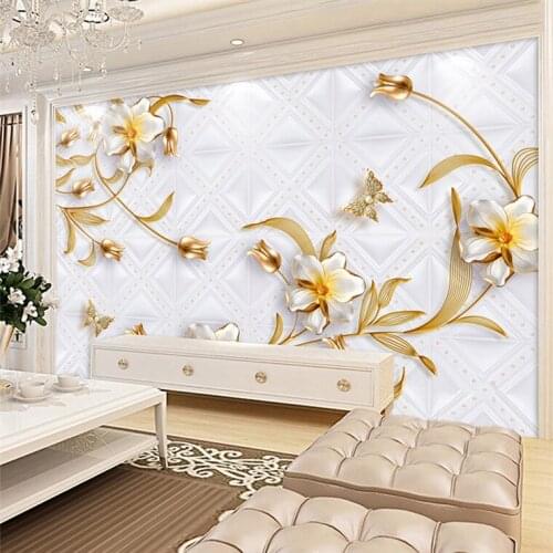 Custom 3D Wall Murals Wallpaper Luxury European Style 3D Stereo Relief Flower Gold Jewelry Wallpaper Wall Coverings Living Room