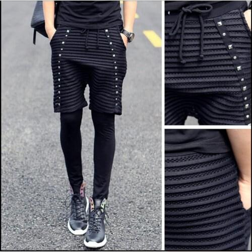 New Men Spring And Summer Tide Non-mainstream Personality Mens Trousers Leggings Fake Two Pants Leggings Singer Stage Costumes