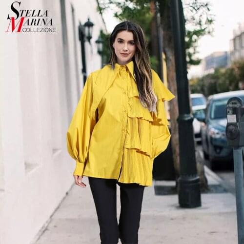 * New Solid Yellow Woman Summer Stylish Long Sleeve Blouses Casual Style Pleated Ruffles Girls Shirt Style chemise femme MJ329