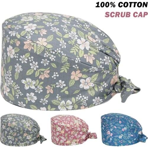 New Scrub Hat 100% Cotton Flora Printing Adjustable Dentist Nursing Caps Beauty Salon Pet Shop Working Accessories Surgicals Cap