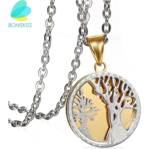 Boniskiss Stainless Steel Tree Of Life Necklaces Women Men Jewelry Gold/Silver Color Tree Pendant Round Plate Locket Necklace