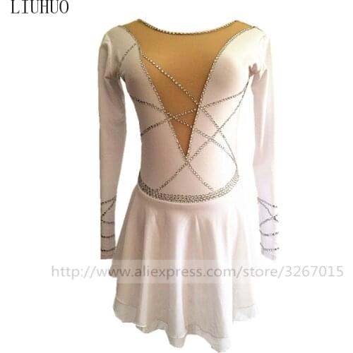 LIUHUO Figure Skating Dress Womens Girls' Ice Performance White Competition Leotard Artistic Costume Dance Adult Long Sleeve