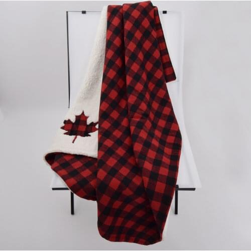 Promotion white sherpa with Maple leaves applique embroidery Plaid Blanket Throw Warm and Soft Throw two sides throw