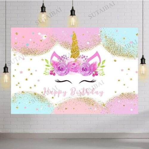 Rainbow Unicorn Backdrop Happy Birthday Party Decorations for Girls Watercolor Floral Glitter Stars Dots Unicorn Banner Supplies
