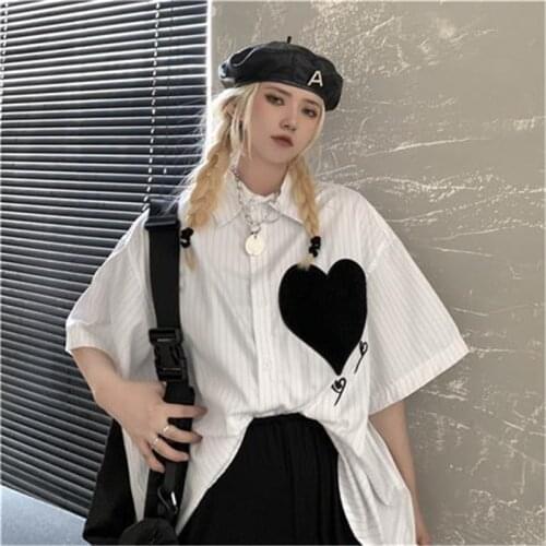 White Stripe Shirts Women Temperament Polo-Neck Blouses Stylish Loose Short Sleeve All-Match Loose Summer Tops Blusas MM0913