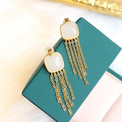 Hetian Jade Earrings Womens S925 Sterling Silver Inlaid Xinjiang Natural Hetian Jade Jue Suet Long Fringe Earrings