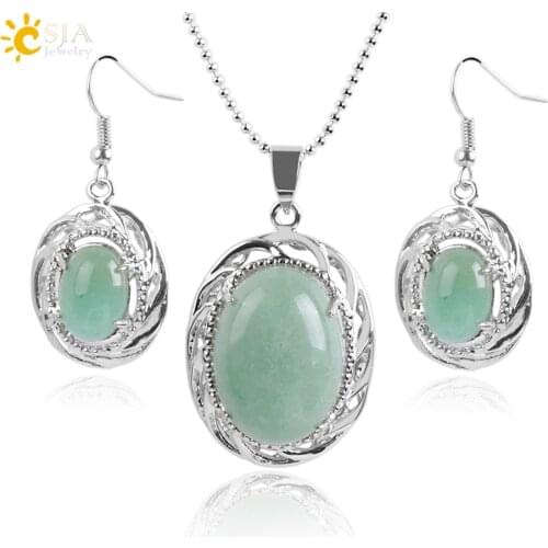 CSJA Natural Stone Bridal Party Jewelry Set for Women Dangle Earrings Necklaces Set Collection Green Aventurine Pink Quartz E904