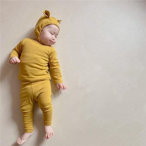 Korean Baby Infant Clothing 2021 Spring Autumn Baby Boys and Girls Cotton T Shirt+jeggings+hats 3pcs Sets Toddler Solid Sets