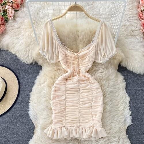 French Floral Lace Spliced Bowknot Square Collar Short Sleeve Mini Party Dress Sexy Ruched Slim Ruffles Mesh Night Club Dress