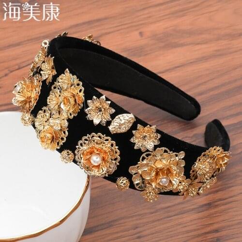 Haimeikang New Fashion Golden Sunflower Leaf Crown Baroque Prom Hair Band Pearl Hair Jewelry Wedding Tiara Accessories For Women
