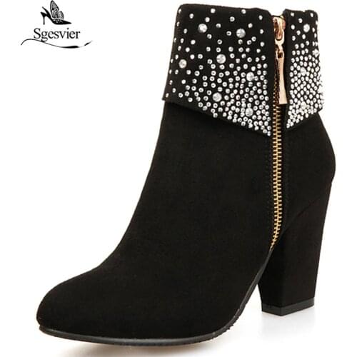 Sgesvier Winter Women Boots Fashion Thick High Heels Boots Crystal Autumn Ankle Boots for Women Shoes Blue Red Big Size 43 OX542