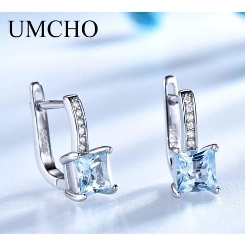 UMCHO Real 925 Sterling Silver Earrings Gemstone Square Created Sky Blue Topaz Clip Earrings For Women Trendy Jewelry New
