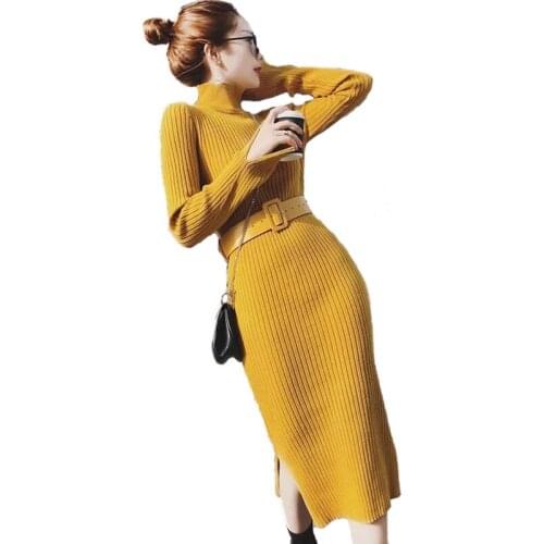 Knit Dresses Women Autumn Winter Sexy Package hip Dresses Long sleeve High collar Pullover Sweaters Long Bottoming Dresses H606